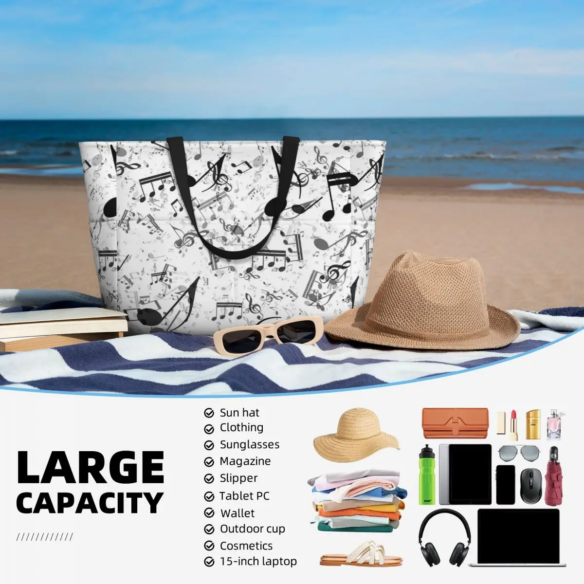 Bass Music Notes Beach Tote Ba - Yoga Fitness Music incelemesi ve fiyatı