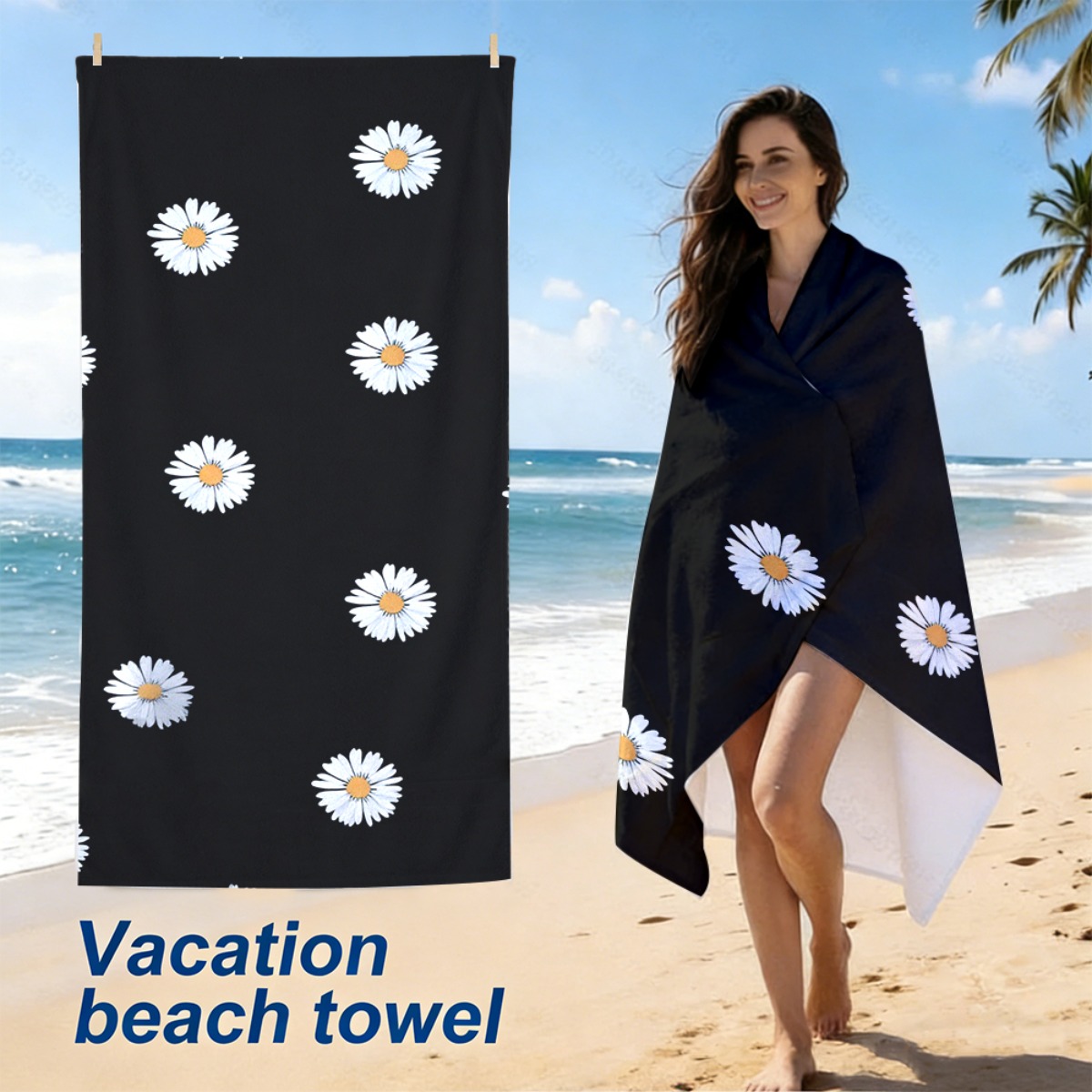 1pc Black Beach Towel with Whi - Yoga Fitness Holiday incelemesi ve fiyatı