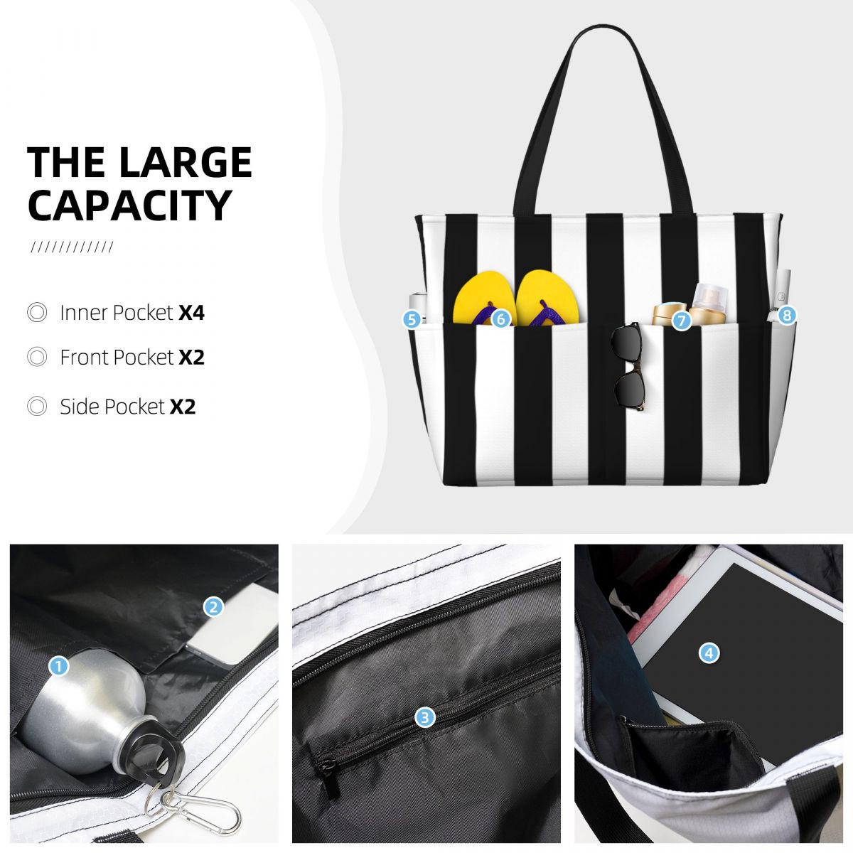 Black White Stripe Beach Tote  - Yoga Fitness Tote incelemesi ve fiyatı