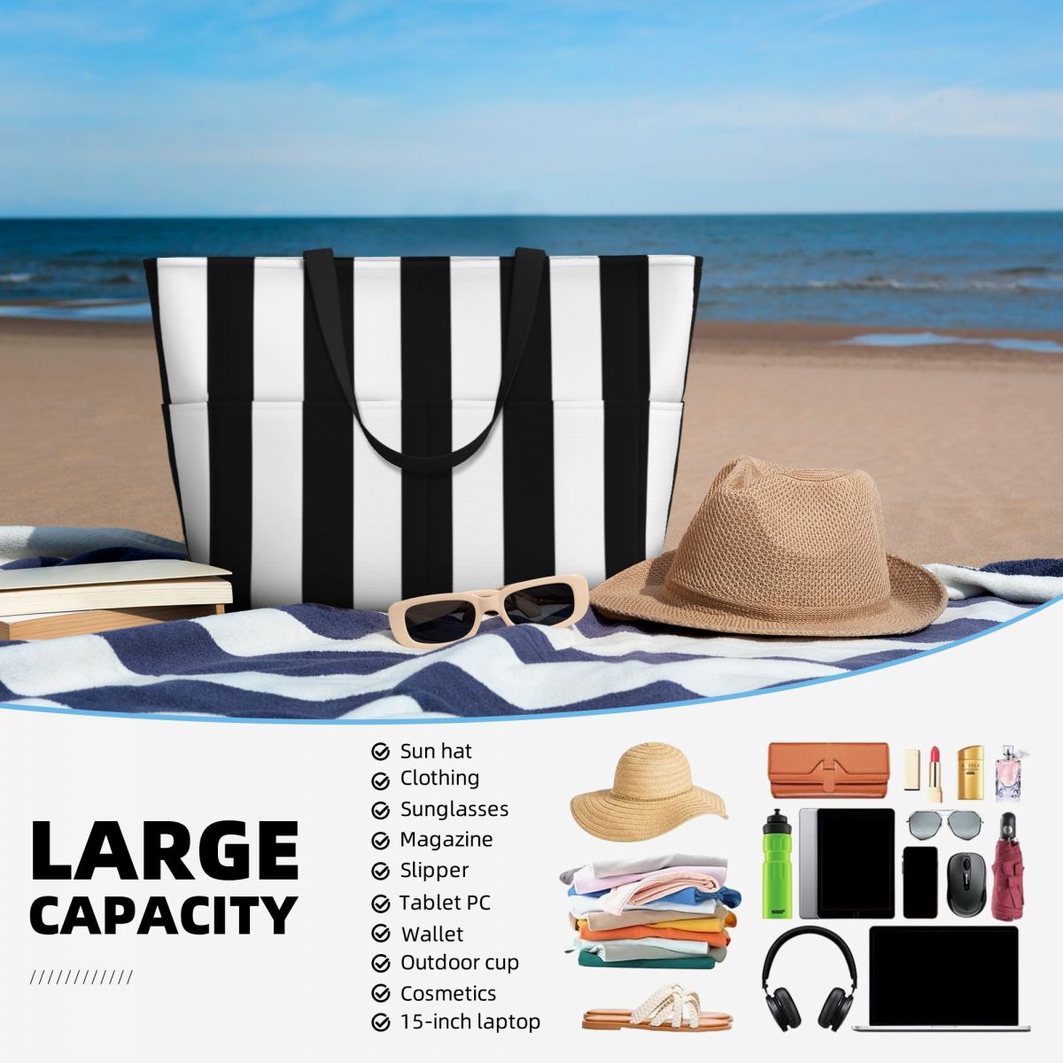 Black White Stripe Beach Tote  - Yoga Fitness Tote incelemesi ve fiyatı