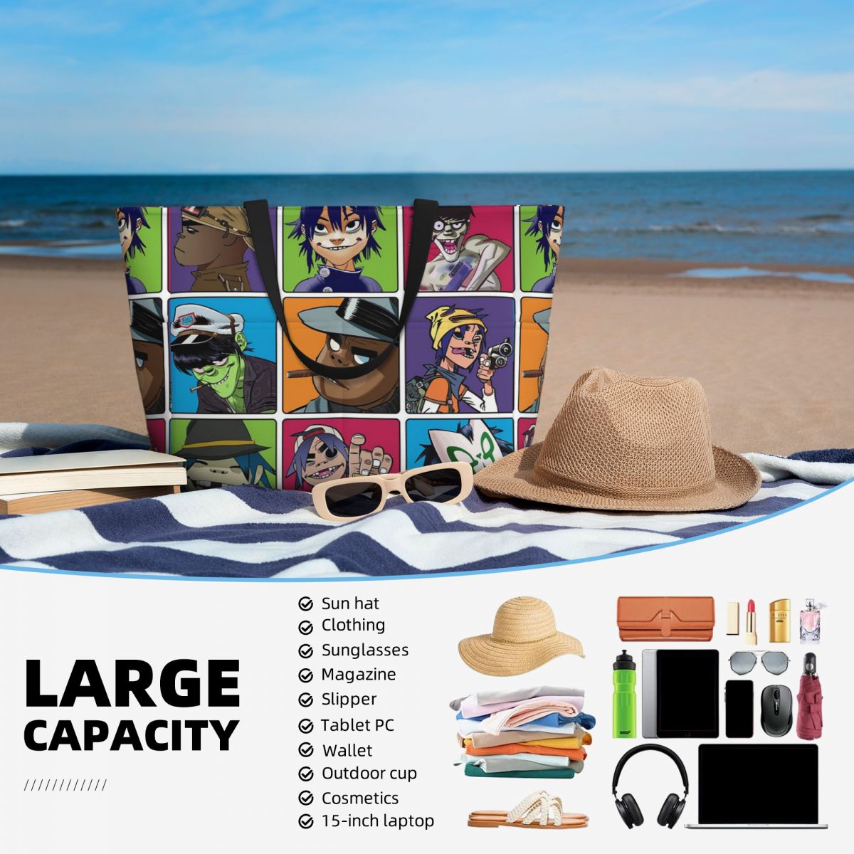 Music Band Gorillaz Beach Tote - Yoga Fitness Music incelemesi ve fiyatı